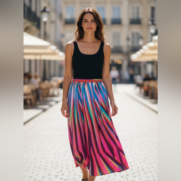 Tsumori Chisato Diagonal Striped Midi-Length Skirt Size 2 Elastic Waistband - Picture 3 of 14